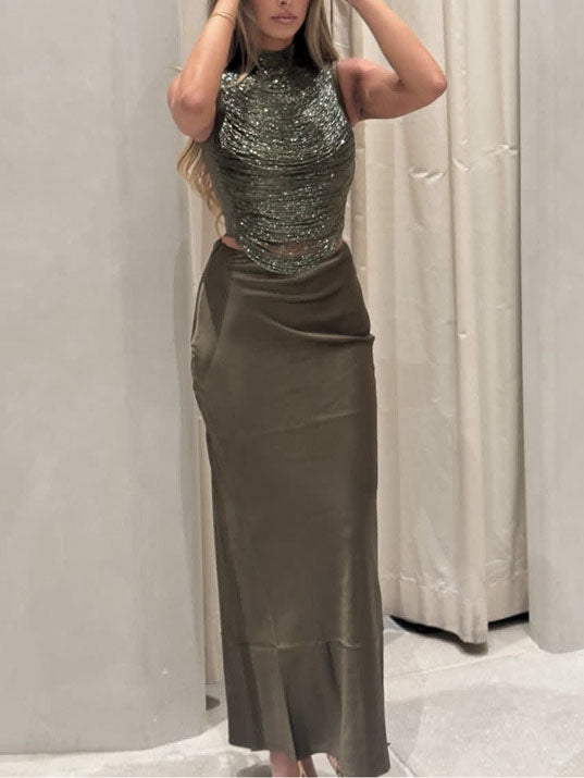 Elegant Sleeveless Tassel-trimmed Zippered Satin Fishtail Maxi Dress Set