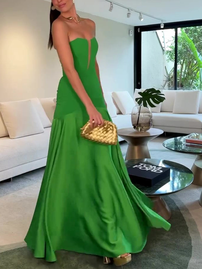 Green Tube Top With Satin Patchwork Evening Dress
