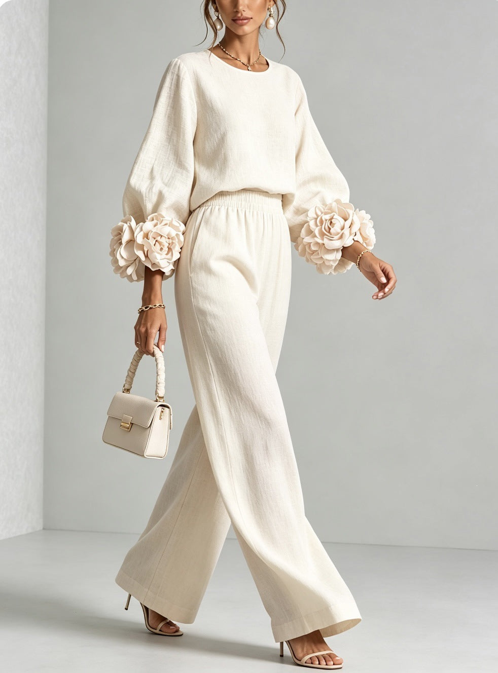 2026 New Beige European And American Style Floral Cuff Top And Wide Leg Pants Set
