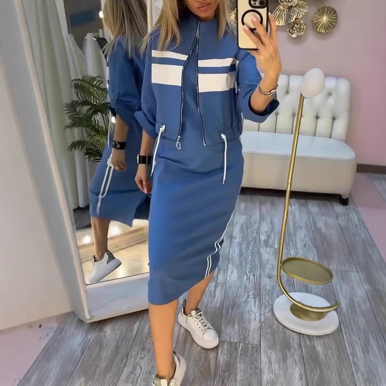 Casual Zipper White Stripe Edge Jacket Coat Dress Women's Suit