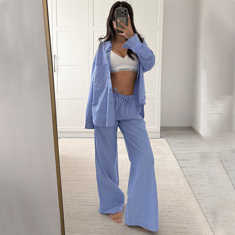 Fashionable Striped Casual Simple Womens Long-Sleeve Top And Pants Loose Set