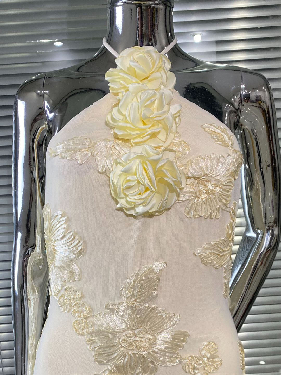 Cream Floral  Halter Neck Mermaid Gown