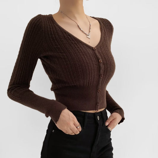 American Hot Girl Pure Desire Sexy V-neck Single-breasted Long Sleeve Sweater