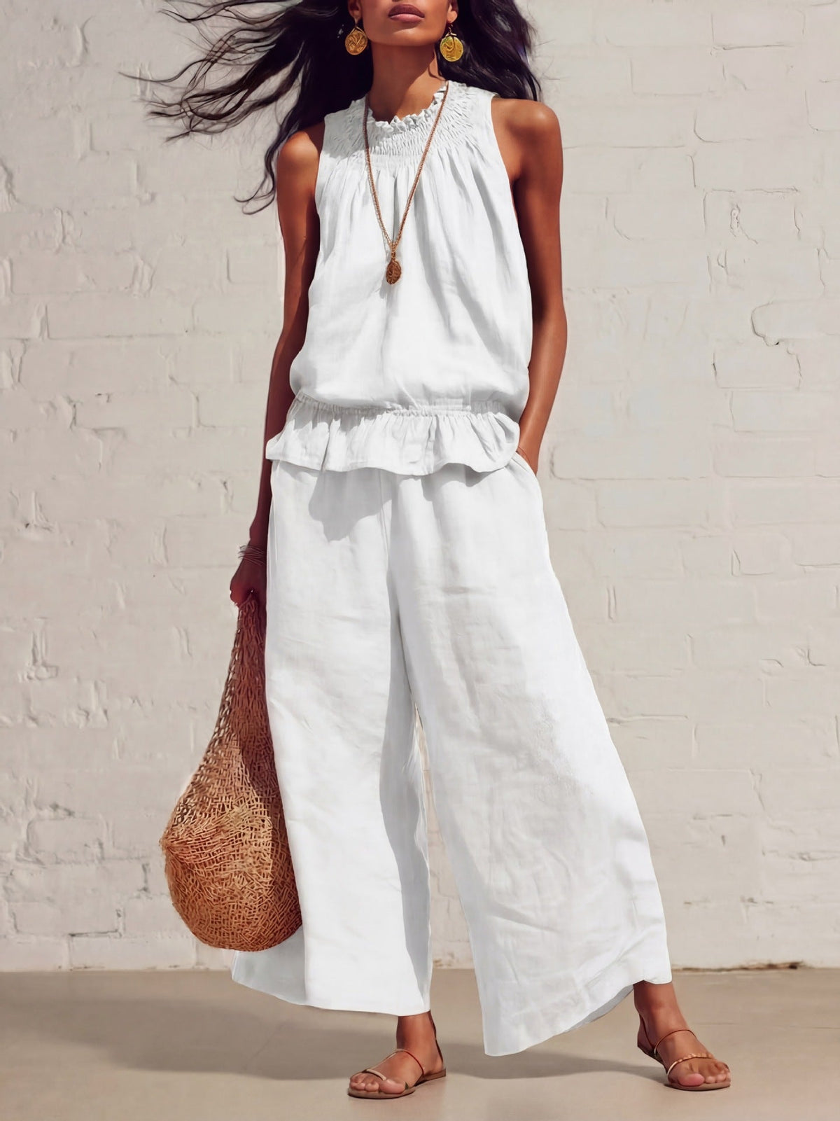 Summer Sleeveless Suit Fashion Ruffled Vest Top And Straight-leg Pants Women's Two-Piece Set