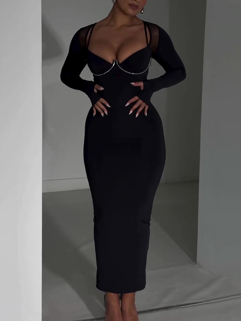 Black Bodycon Midi Dress With Rhinestone Chain Detail And Mesh Sleeves