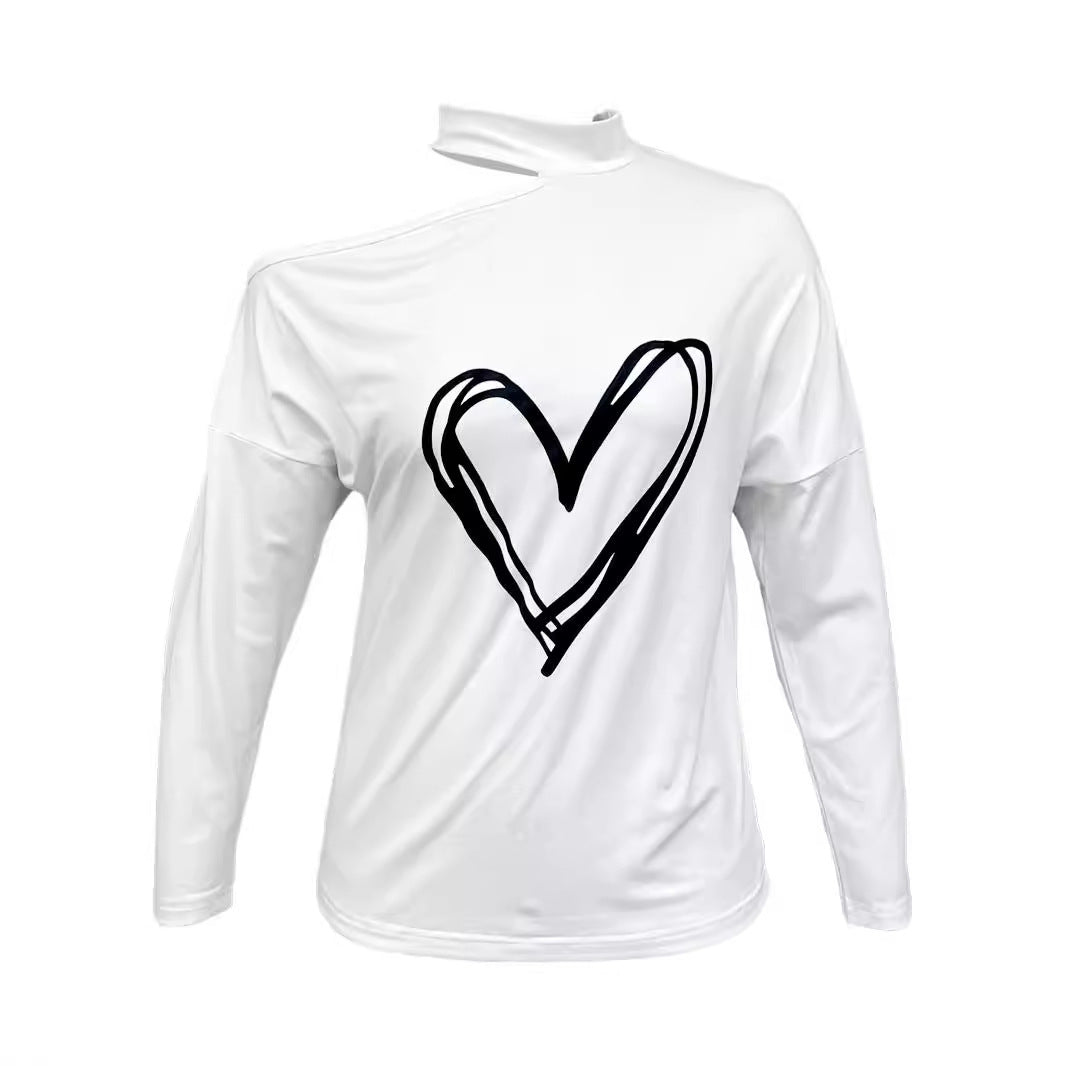 Heart Printing T-shirt Off-the-shoulder Top For Women