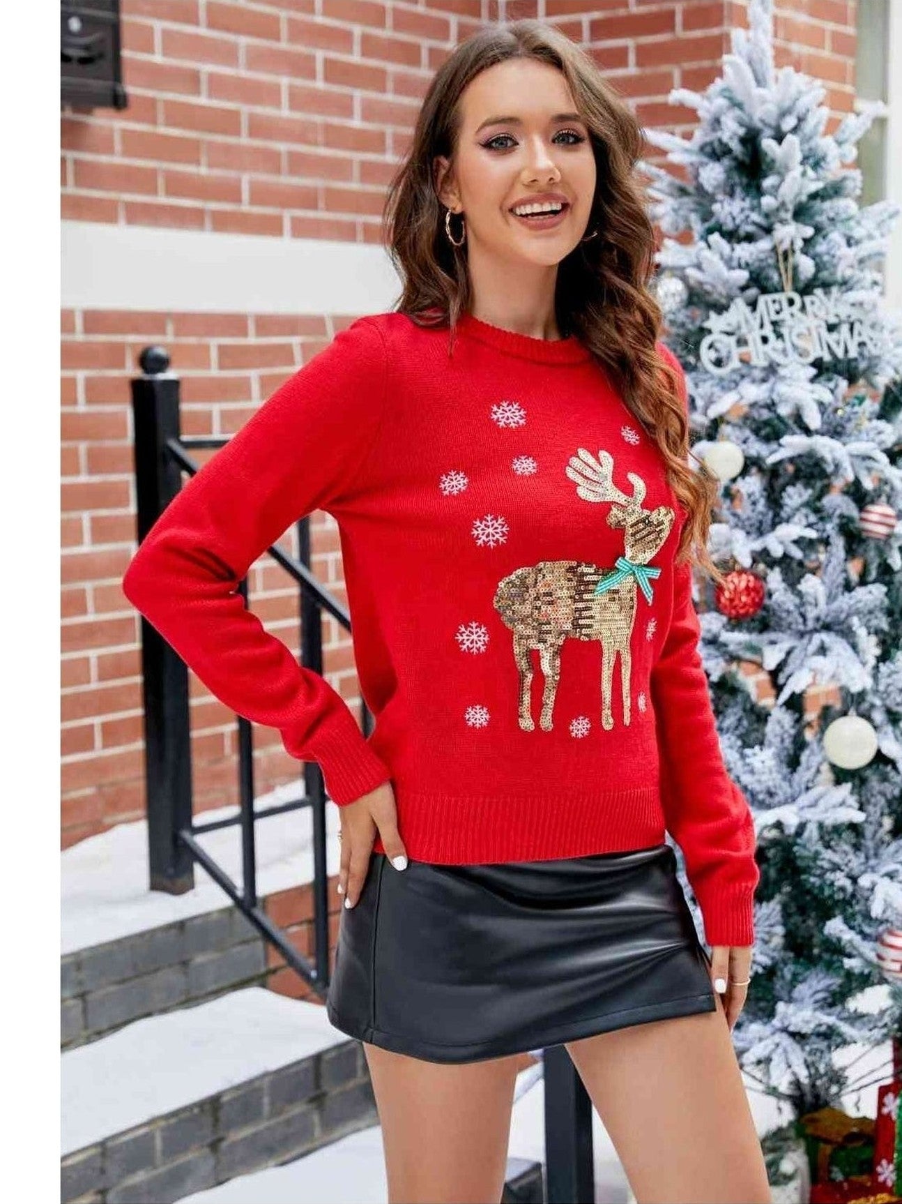 Women Sequin Reindeer Graphic Round Neck Christmas Sweater