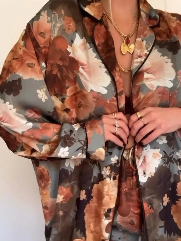 Vintage Floral Print Satin Pajama Set
