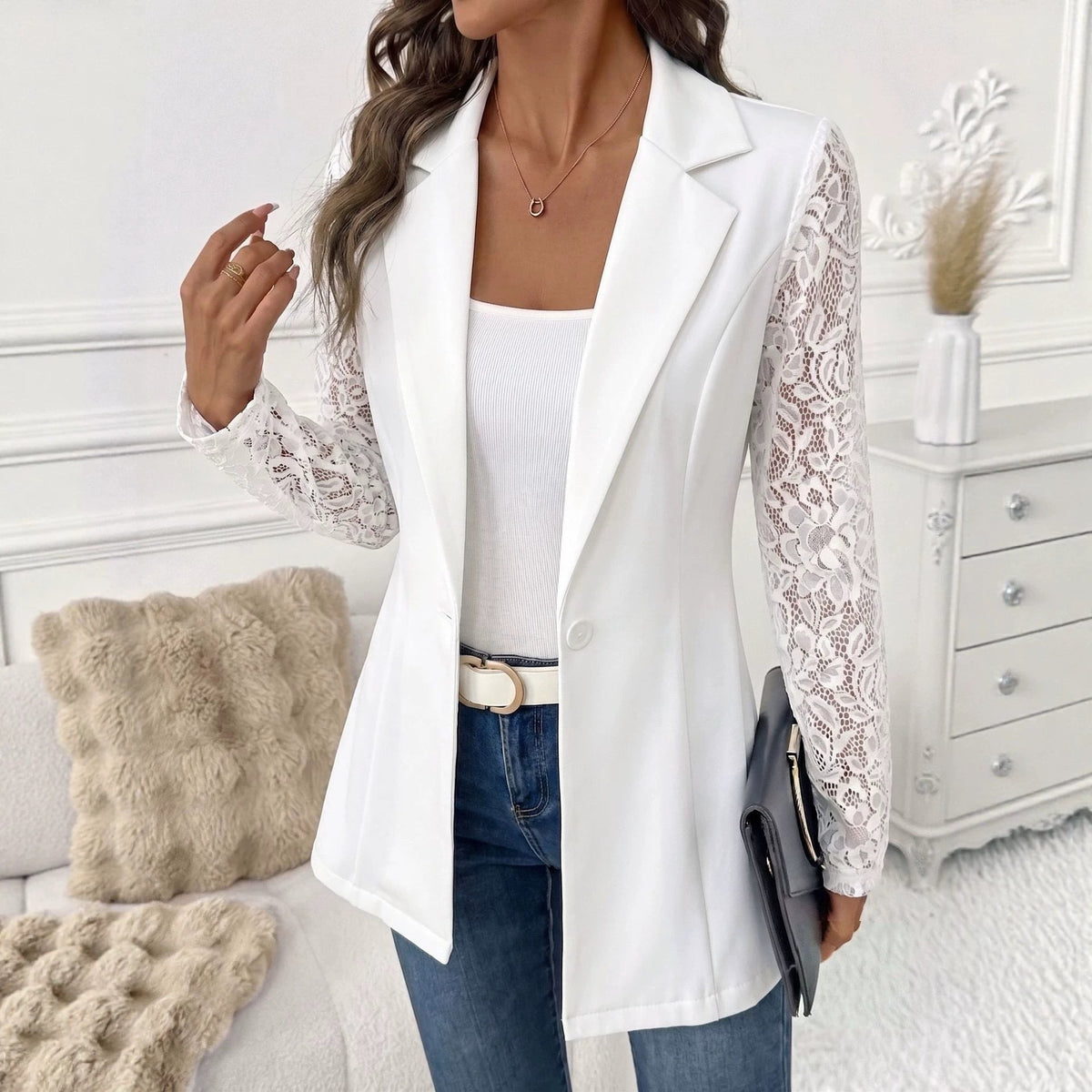 European And American Cross-border 2026 Autumn New Fashion Lapel Slim-fit One-button Blazer With Lace Long-sleeve Patchwork Jacket