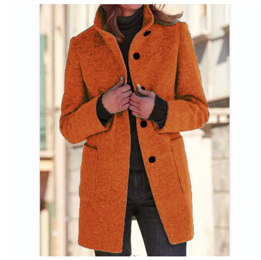 Women's Stand Collar Woolen Coat - Slim Fit Fall and Winter Button Front Trench Coat with Pockets