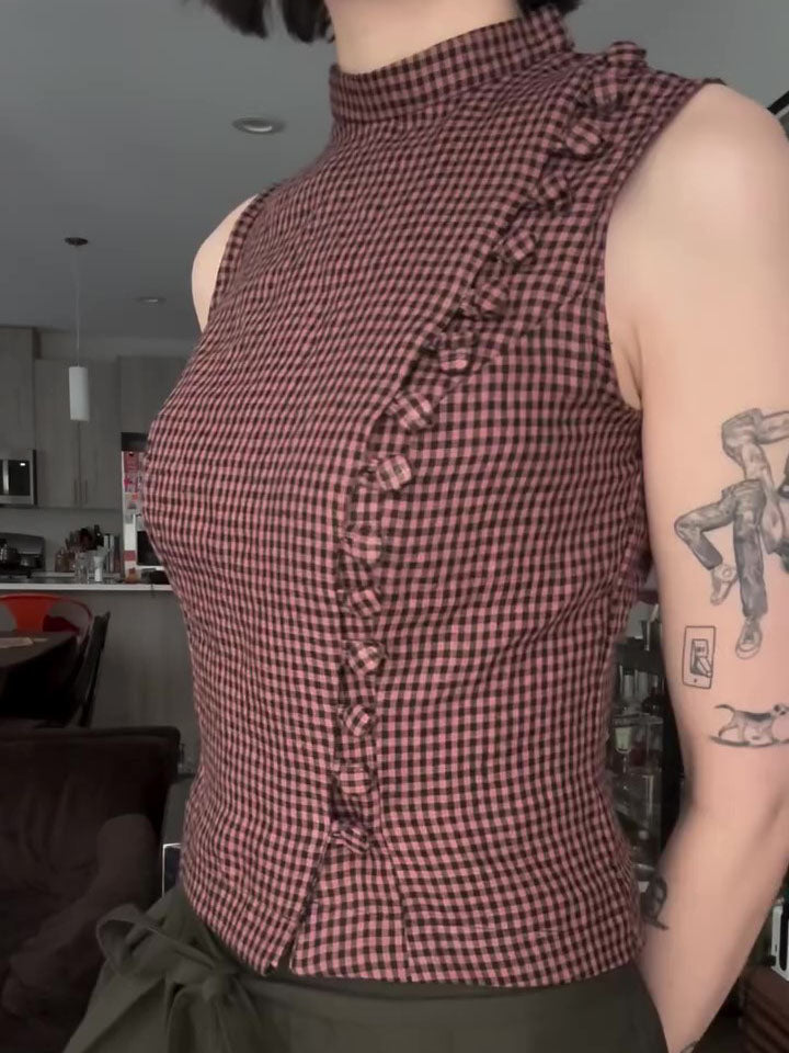 Red Black Gingham Turtleneck Sleeveless Side Ruffle Crop Top