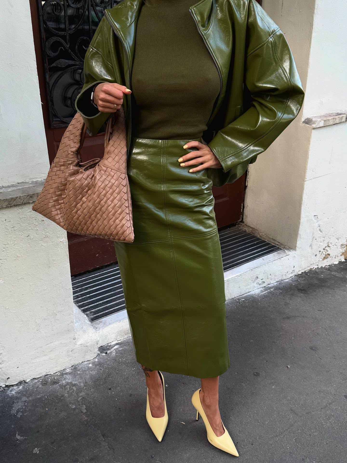 Olive Green Faux Leather Jacket And Midi Skirt Set