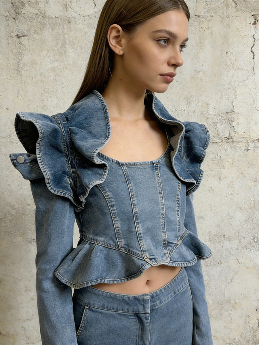 Long-sleeved Cropped Denim Jacket With Ruffled Hem