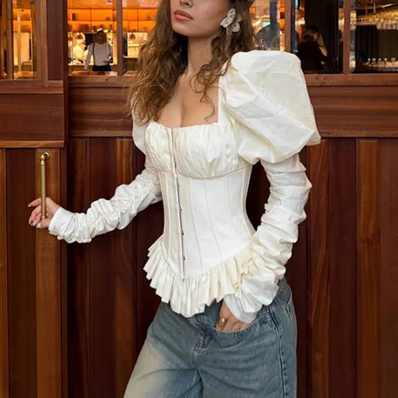 Square Neck Puff Sleeve Corset Peplum Top