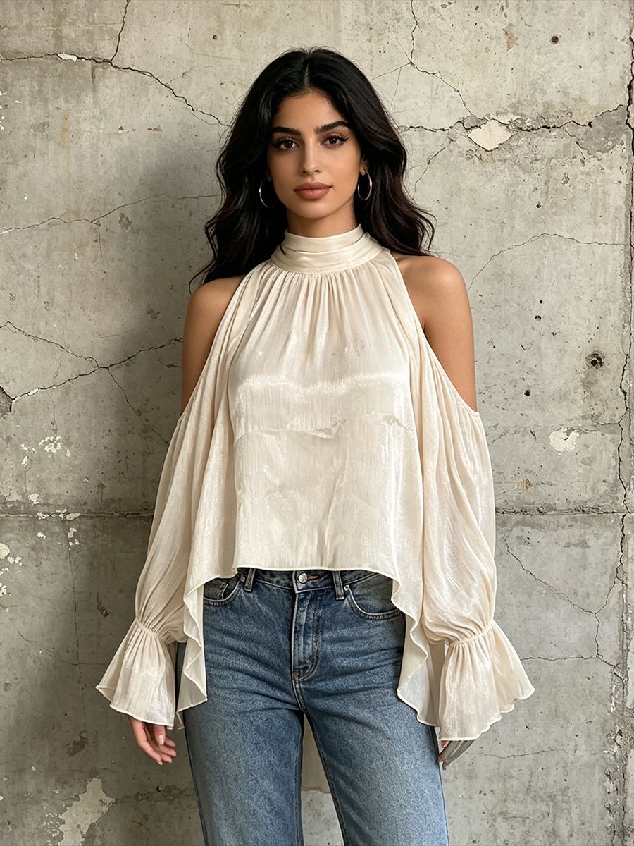 Cream Cold-Shoulder Halter Blouse