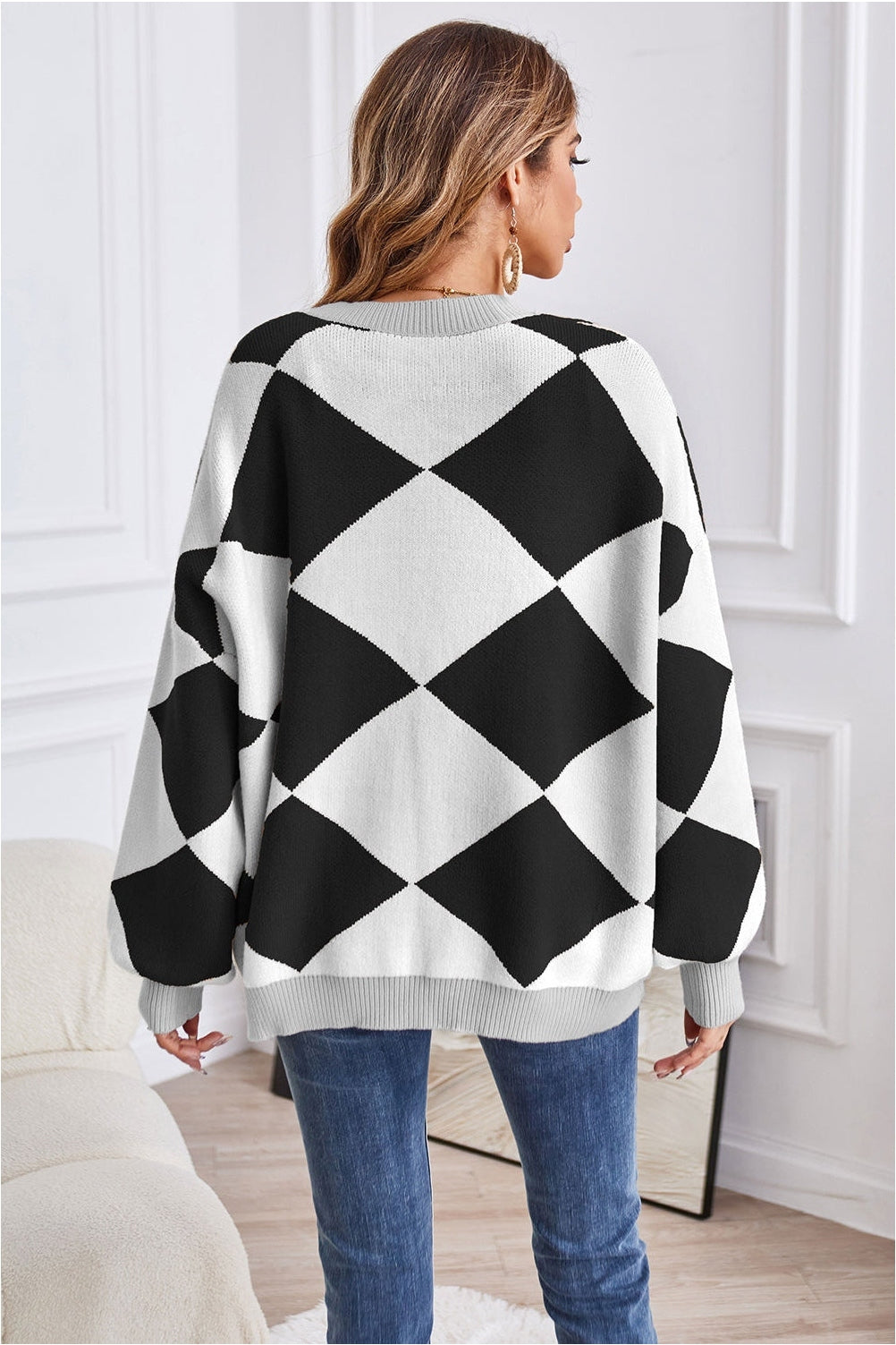 Women Geometric Lantern Sleeve Cardigan with Pockets