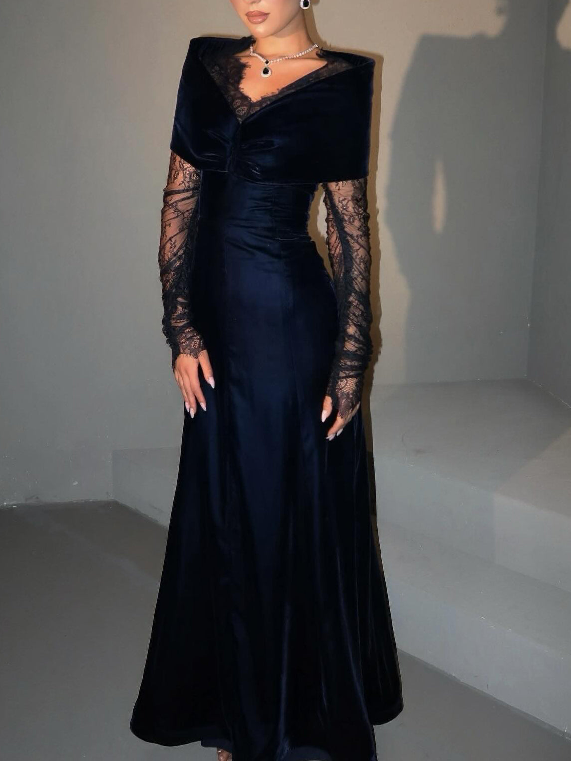 Navy Blue Velvet Lace Long-Sleeve Gown