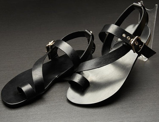 Men's Hollow Leather Roman Sandals, Thong Design