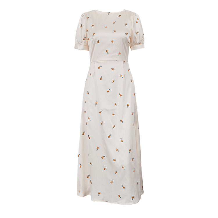 Cream Yellow Floral Print Satin Midi Dress