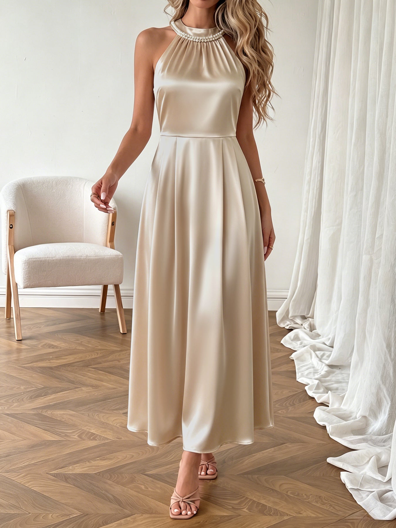 Pearl Halter High Waist Flowy Midi Dress