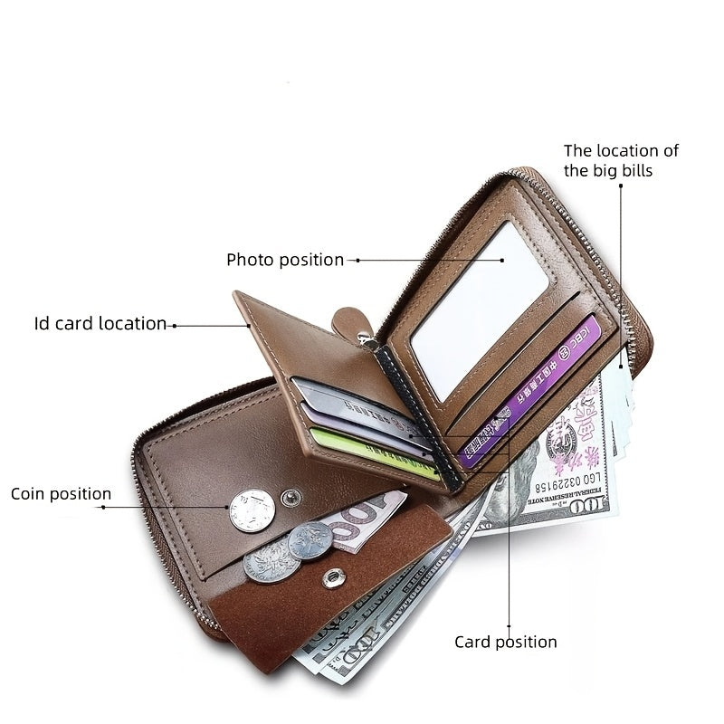 Fashionable Men's Wallet, Short Casual, Retro Zipper Youth European And American Fashion Wallet, Large Capacity, Super Practical