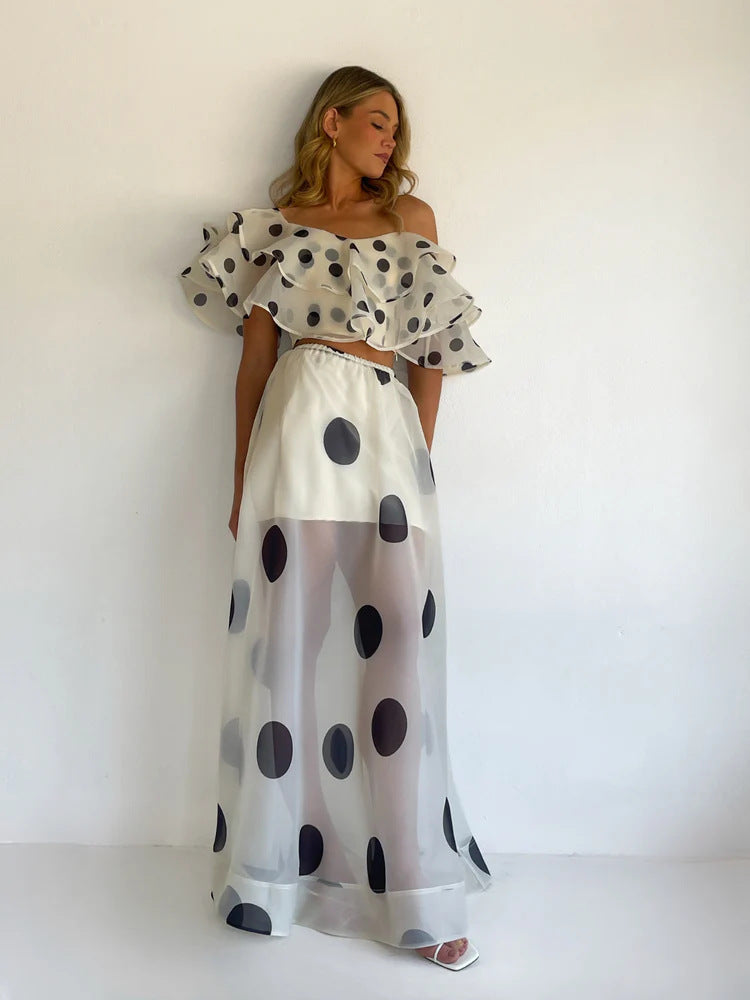 Sexy Strapless Irregular Print Ruffled Fashion Suit Long Dress