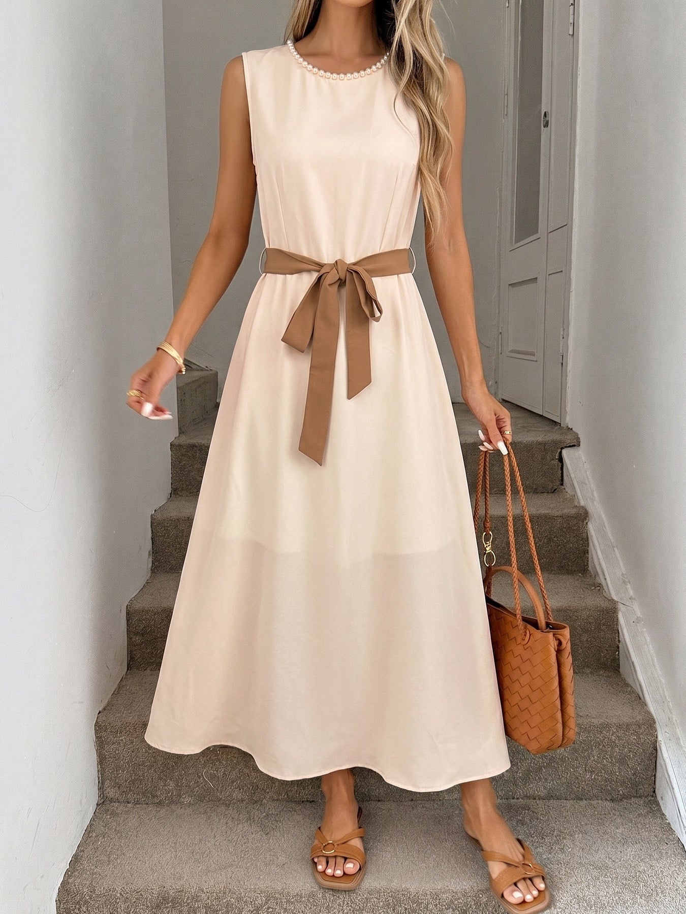 Pearl Neck Sleeveless Self-Tie Belt A-Line Midi Dress