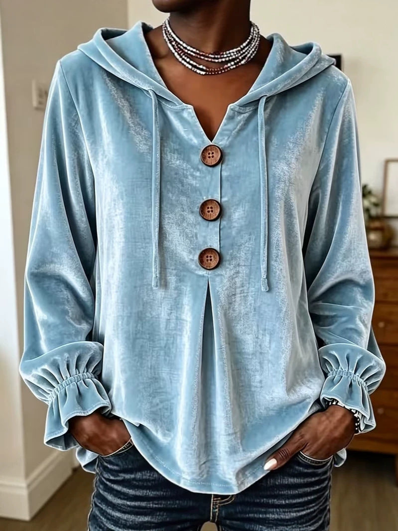 Annuo  2026 Women Casual Button Drawstring Hoodie, European American Style Long Sleeve Top