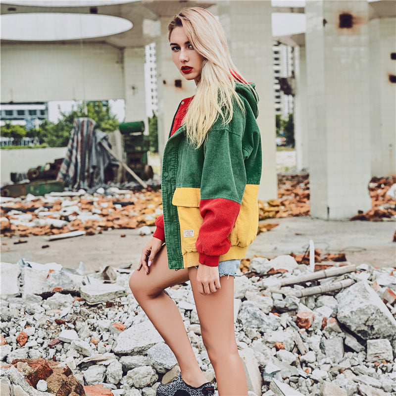 Corduroy Hip-Hop Patchwork Hooded Jacket for Couples
