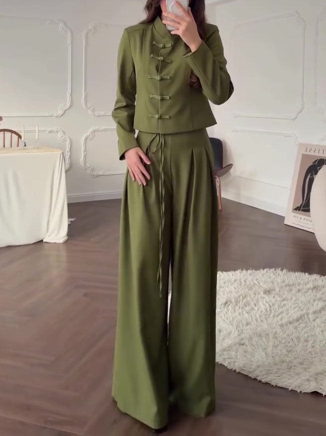 Mandarin Collar Knot Crop Top & Drawstring Wide Leg Pants 2-Piece Set