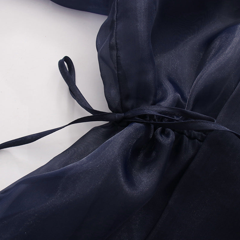 Navy Organza Bow Neck Drawstring Waist Sheer Long Sleeve Blouse