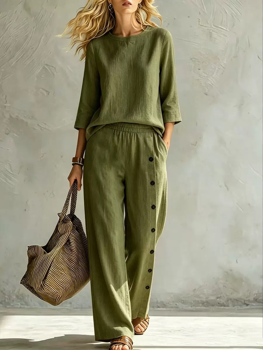 2026 European And American Women's Fashionable Solid Color Buckle Design Casual Loose Two-piece Set