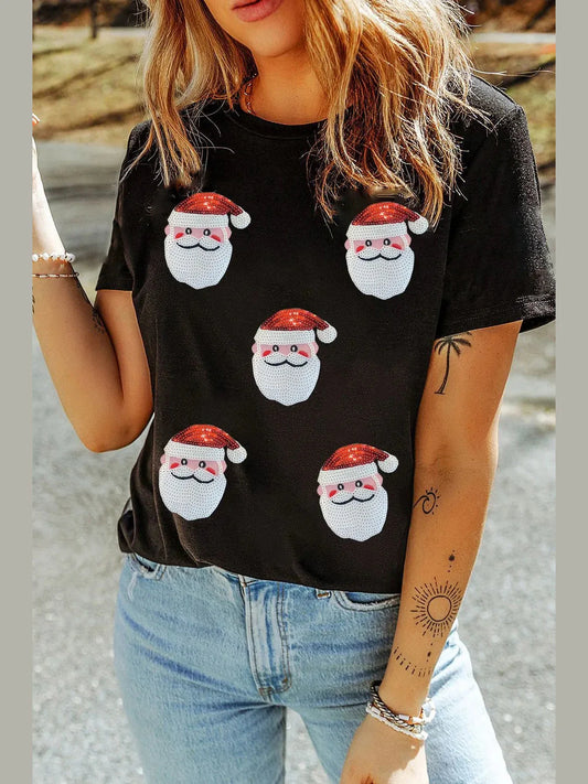 Women Sequin Santa Round Neck Short Sleeve T-Shirt