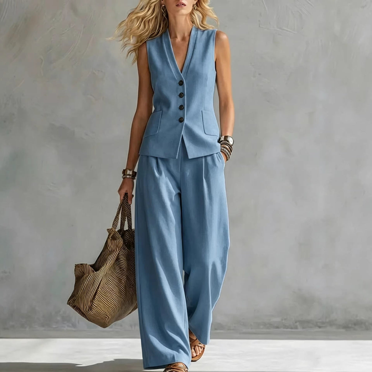 Two-piece V-Neck Sleeveless Vest And Wide Leg Pants For Women Summer Solid-Colored Sleeveless Casual Linen Tank Top And Pants Set