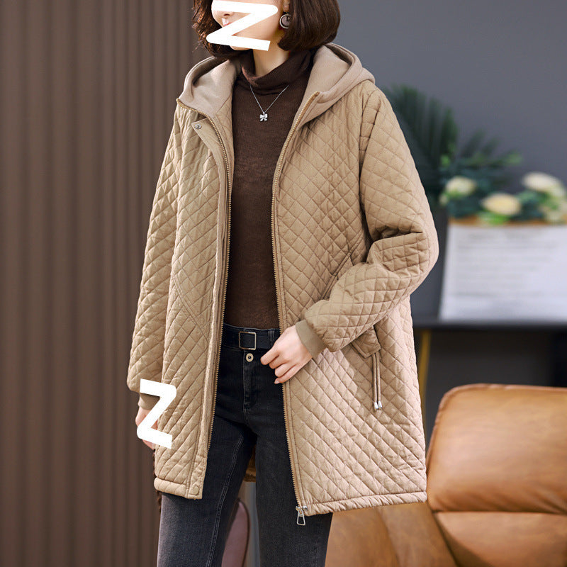 Women's Rhombus Cotton-padded Mid-length Loose Fleece-lined
