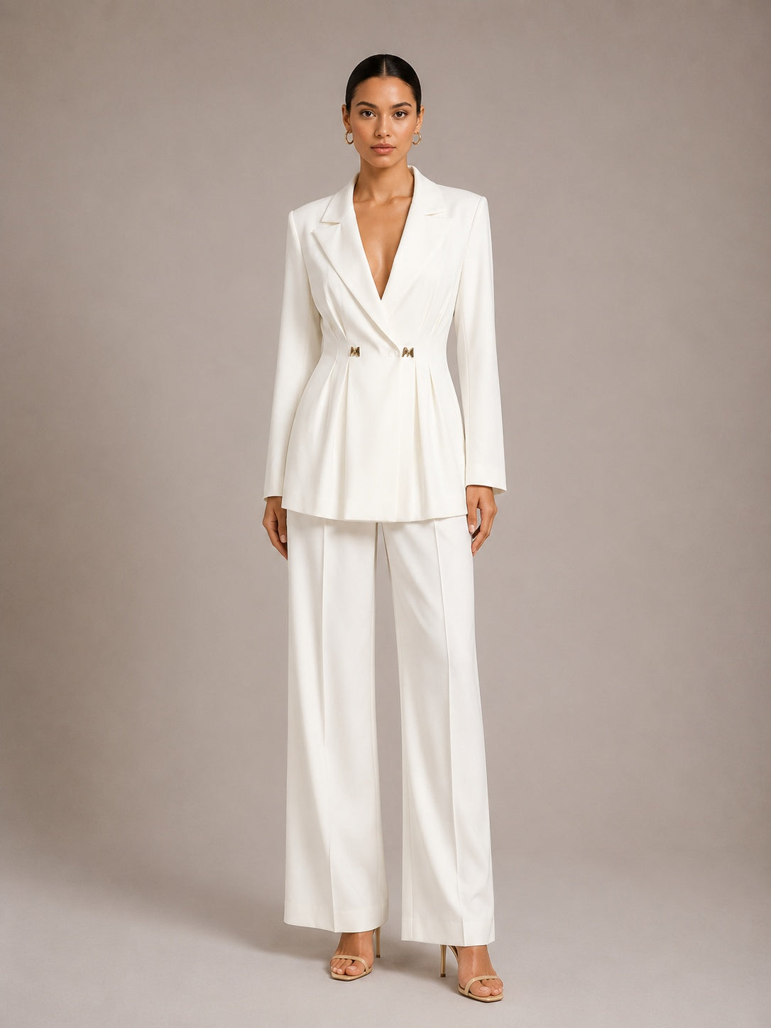 Solid-color Long-sleeve Fitted Blazer & High-waisted Straight-leg Trousers Set