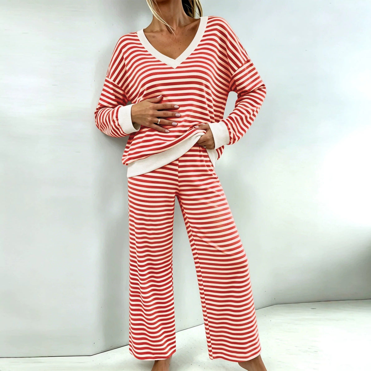 Women's Striped V Neck Loungewear Set  Loose Long Sleeve & Wide Leg Pants Soft Skin Friendly Two Piece Pajama Set