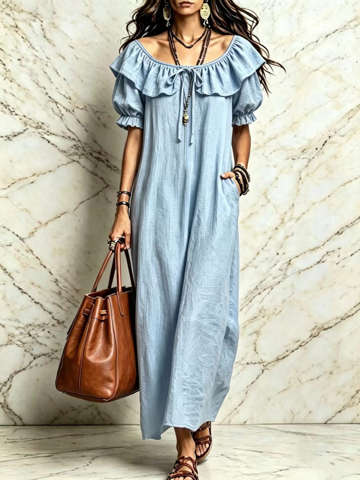 Summer 2026 Women's New Round Neck Ruffled Casual Seaside Vacation Dress From Europe And America