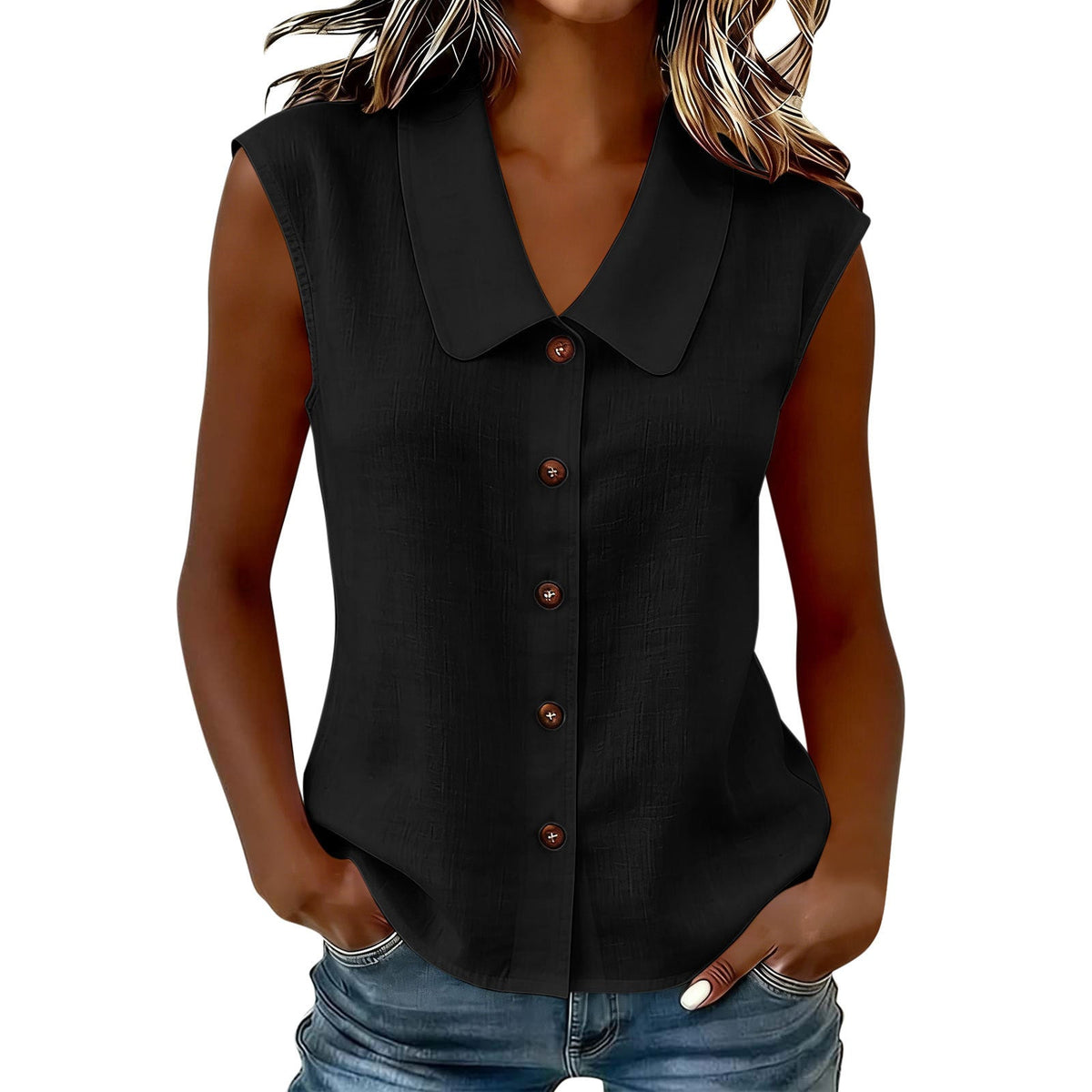 2026 Spring Summer Women S Elegant Business Polo Neck Button Down Blouse Without Sleeves