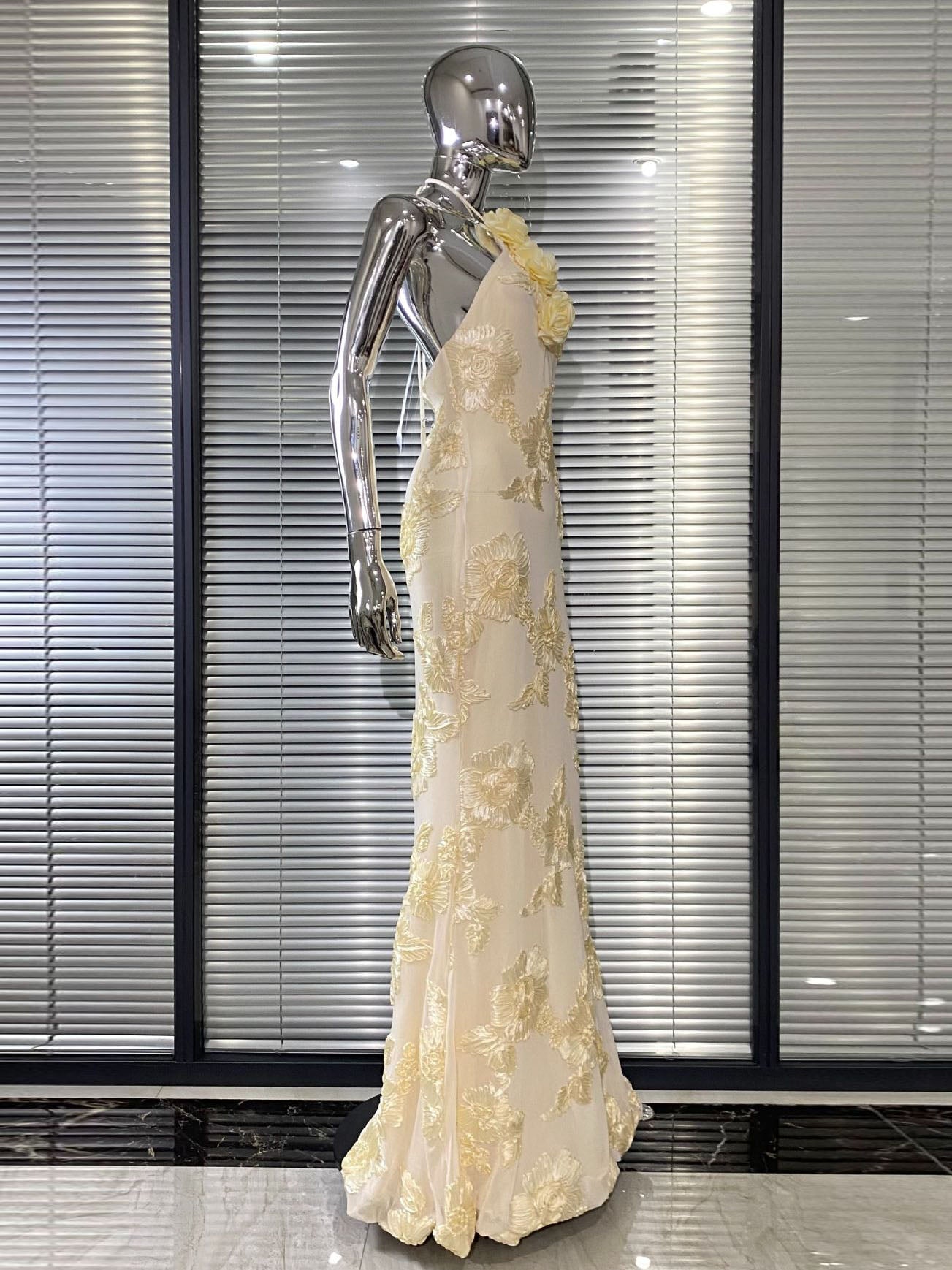 Cream Floral  Halter Neck Mermaid Gown