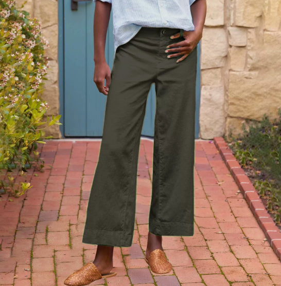 European And American Style High-Waisted Solid Color Cropped Flared Loose Wide-Leg Womens Trousers With Buttons