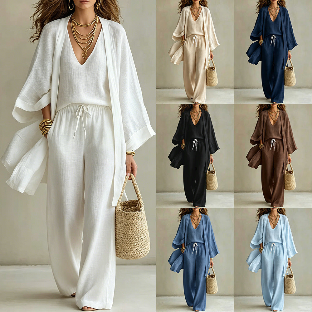 Womens Casual Three-piece Set Nine-quarter-sleeve Cardigan Sleeveless Vest And Long Pants