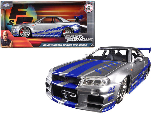 Brian's Nissan GTR Skyline R34 RHD (Right Hand Drive) Silver with Blue Stripes "Fast & Furious" Movie 1/24 Diecast Model Car by Jada