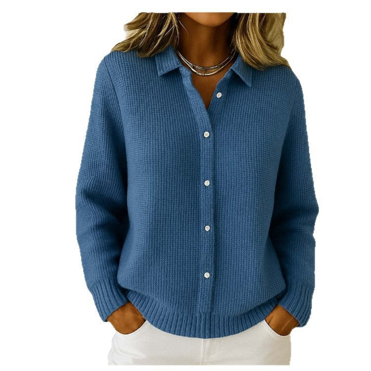 2026 New European And American Cross-Border Turn-Down Collar Solid Color Sweater Cardigan European And American Cross-Border Casual Knit Jacket For Women In Autumn And Winter
