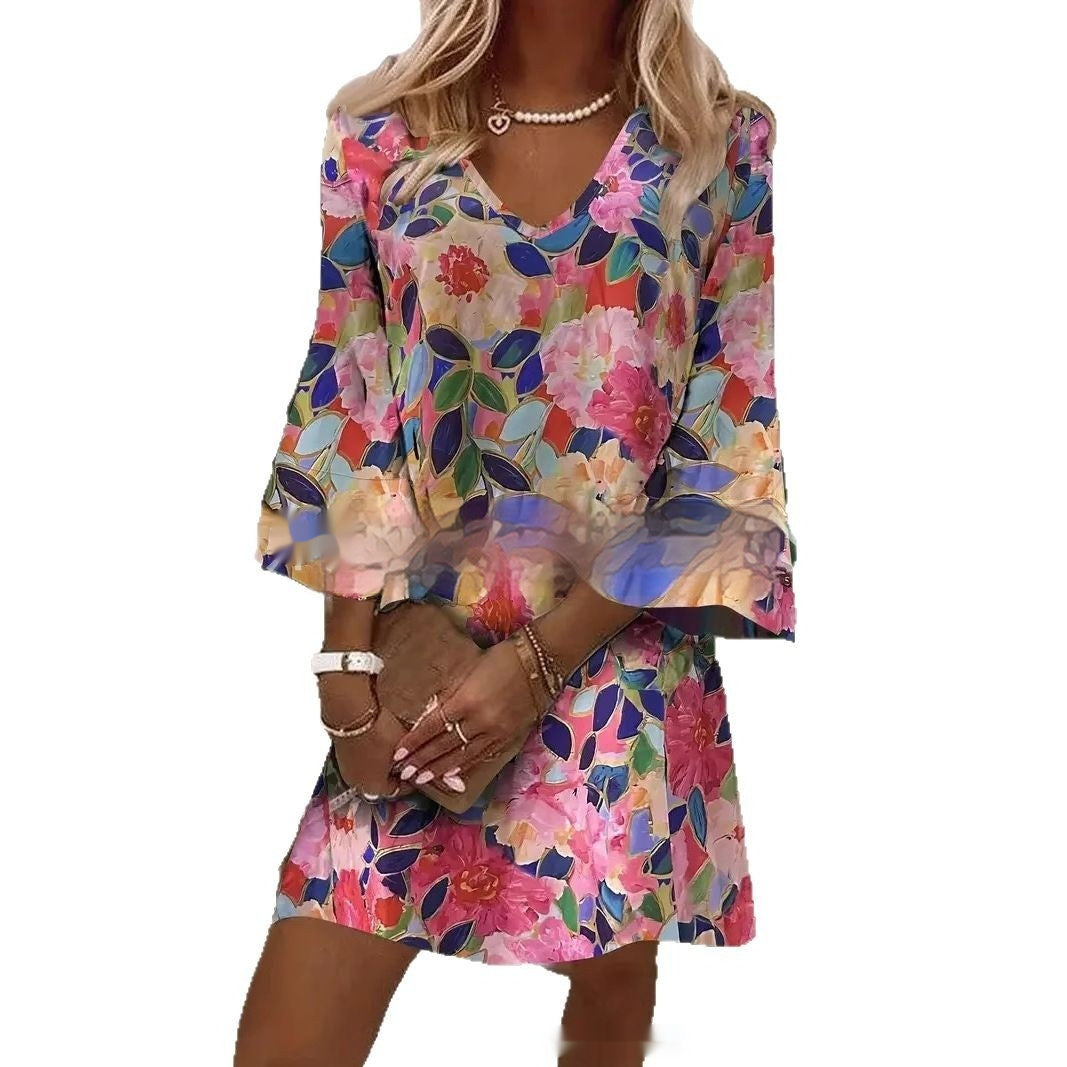 Women's Three-layer Sleeves Digital Printing Dress