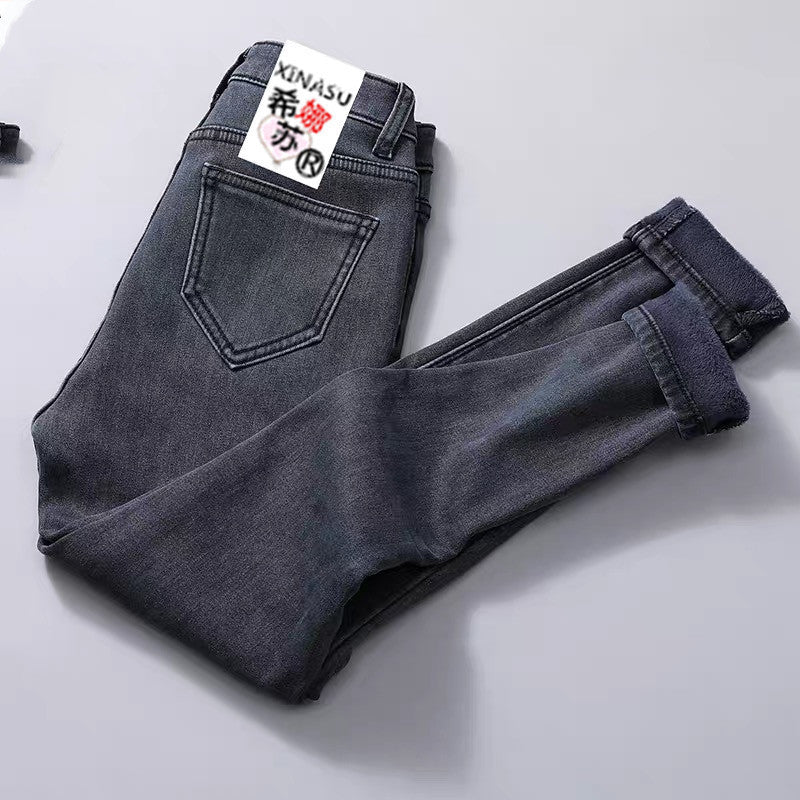 Women Velvet Jeans Stretch High Waist Winter Warm Pants