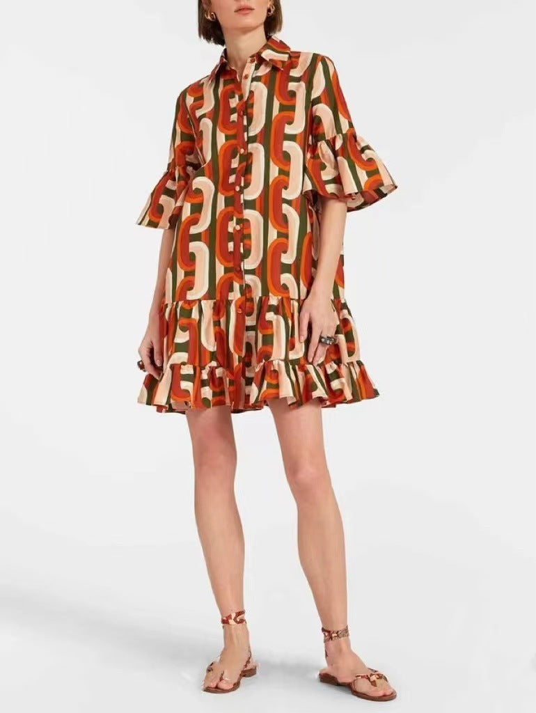 Women's Wear Bell Sleeve Printed Loose Casual Dress