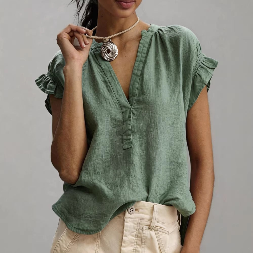 Women's Casual V-Neck Cotton-Linen Blouse Top Summer Ruffle Short-Sleeve Solid Color Office Daily Wear Shirts