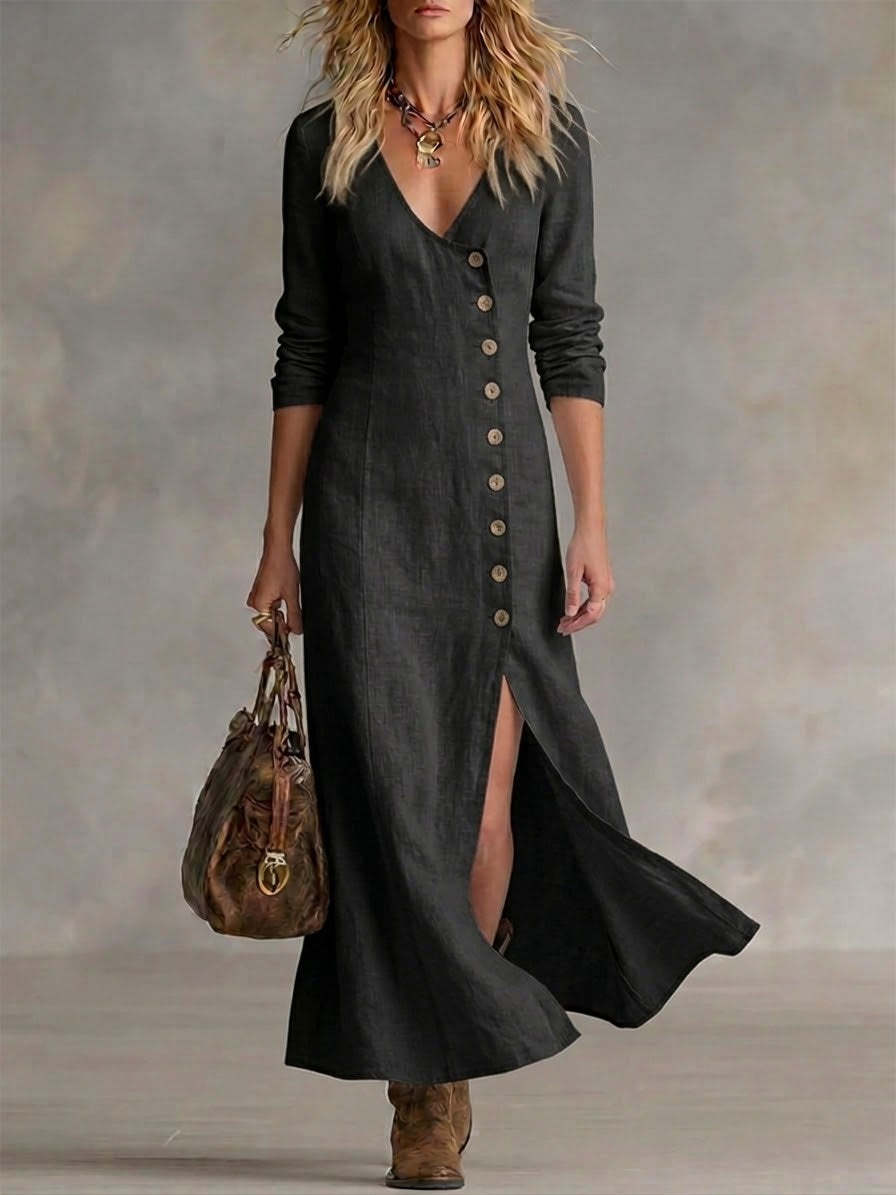 Fashionable Casual Cotton-Linen Long-Sleeve Womens Dress