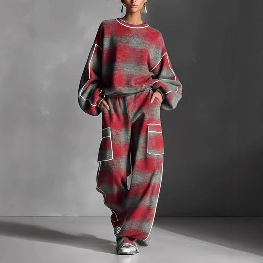 Women's Independent Brand Street Style Distressed Plaid Pantsuit With Contrasting Piping